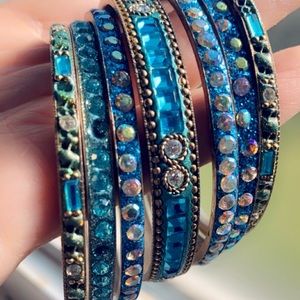 Vintage Boho Bangle Bracelets Blue Rhinestones